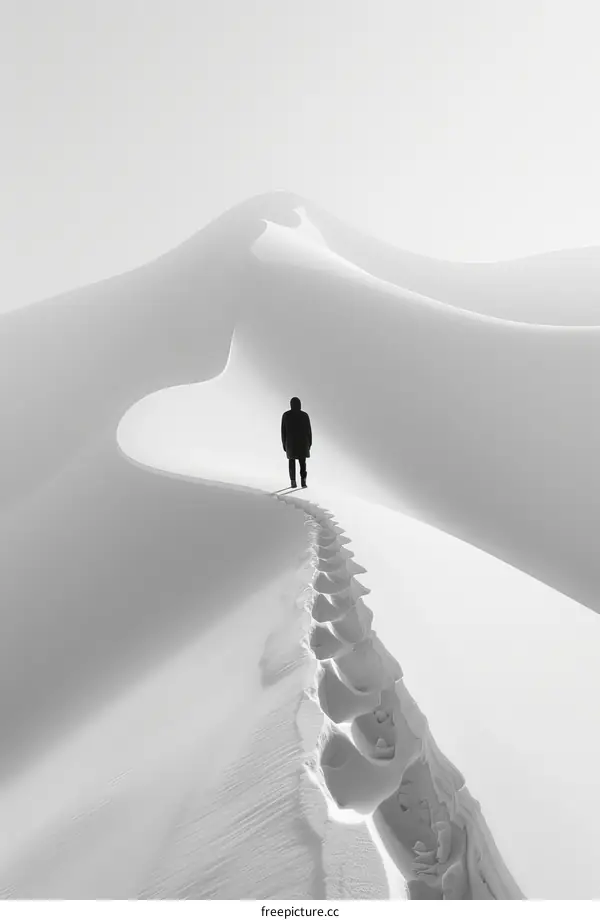 Black and white photo of a Caucasian man walking on a lonely sand dune