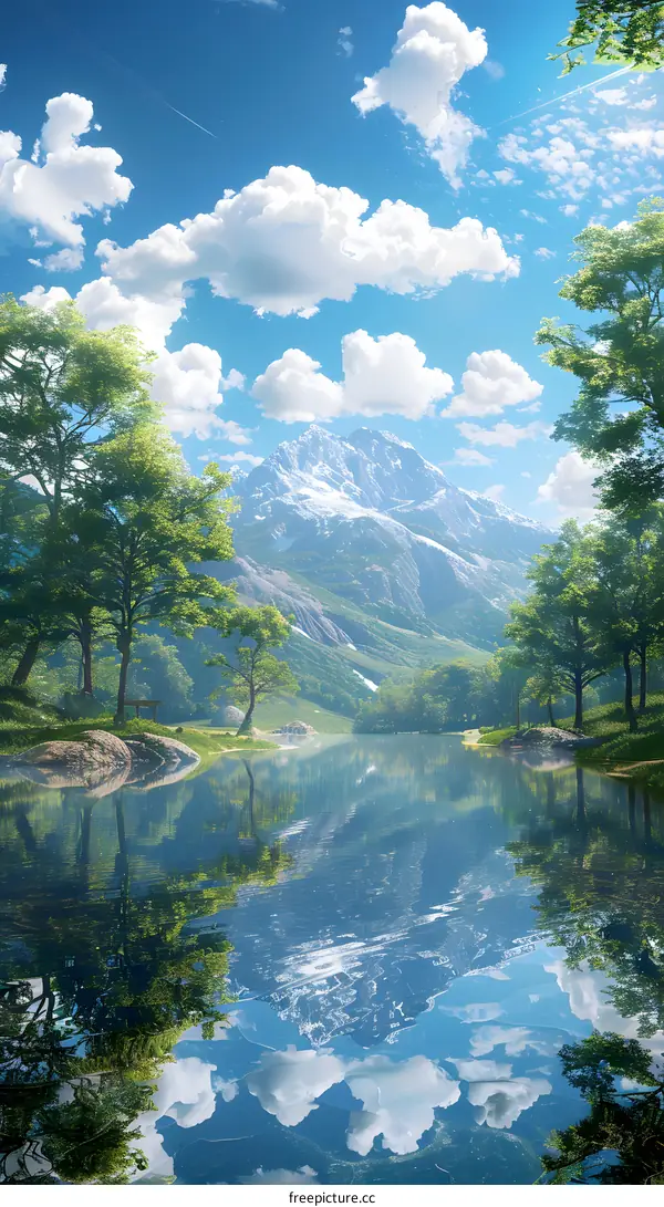 Mountain lake landscape with trees and blue sky