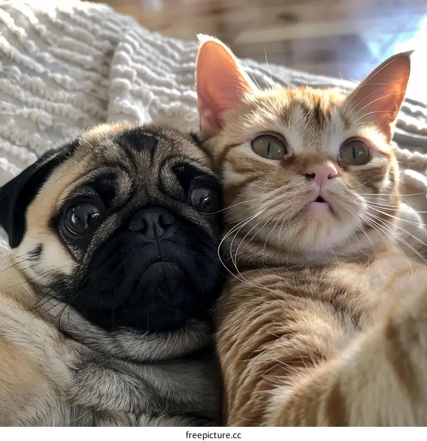 pug and cat take a selfie together