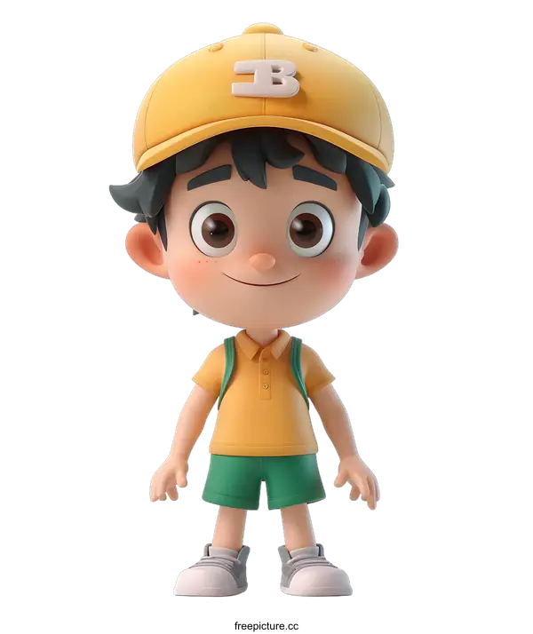 [Transparent Background PNG]Smiling Cartoon Boy Wearing Yellow Shirt and Green Shorts
