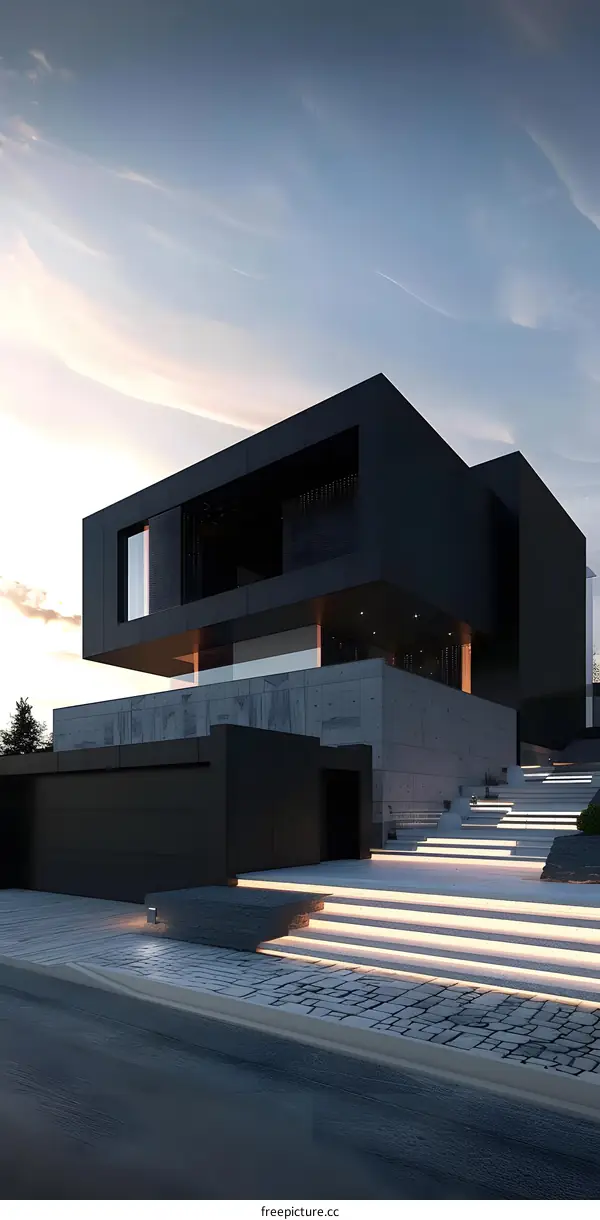 Modern Black House with Stairs and Lights
