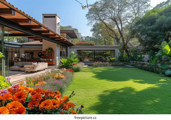 Modern house with green backyard and colorful flowers