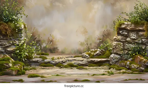 Stone Wall with Green Plants and Mossy Ground