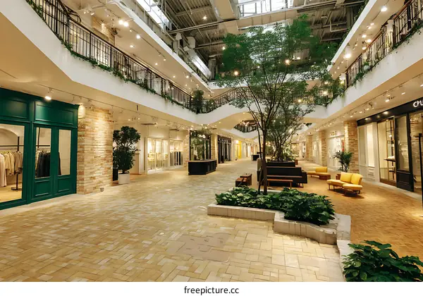 Modern Shopping Mall Interior with Lush Landscaping