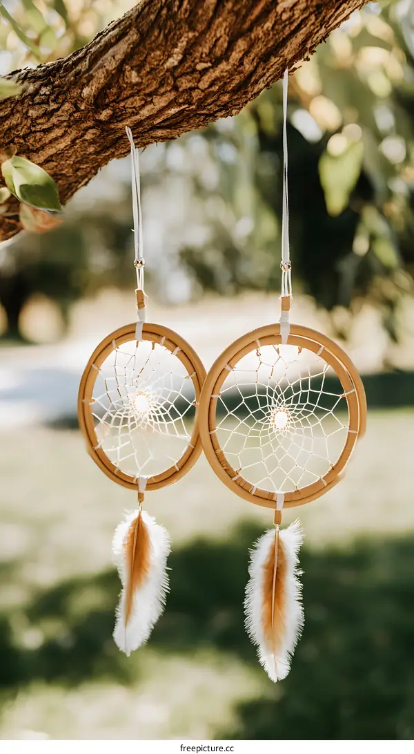 Two Dreamcatchers Hanging From a Tree Branch
