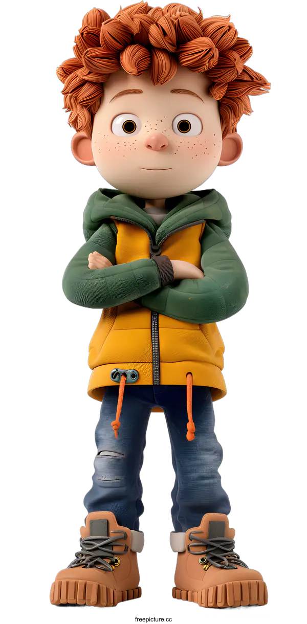 [Transparent Background PNG]A boy with freckles and red hair wearing a yellow and green jacket and blue jeans