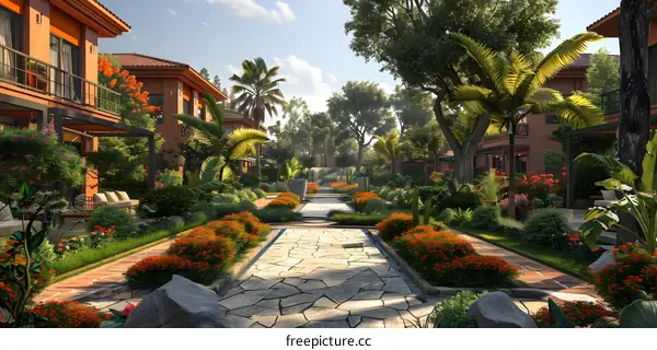 Modern residential area with palm trees