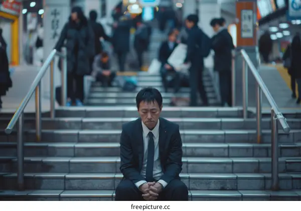 A Businessman Sitting On The Steps In Despair