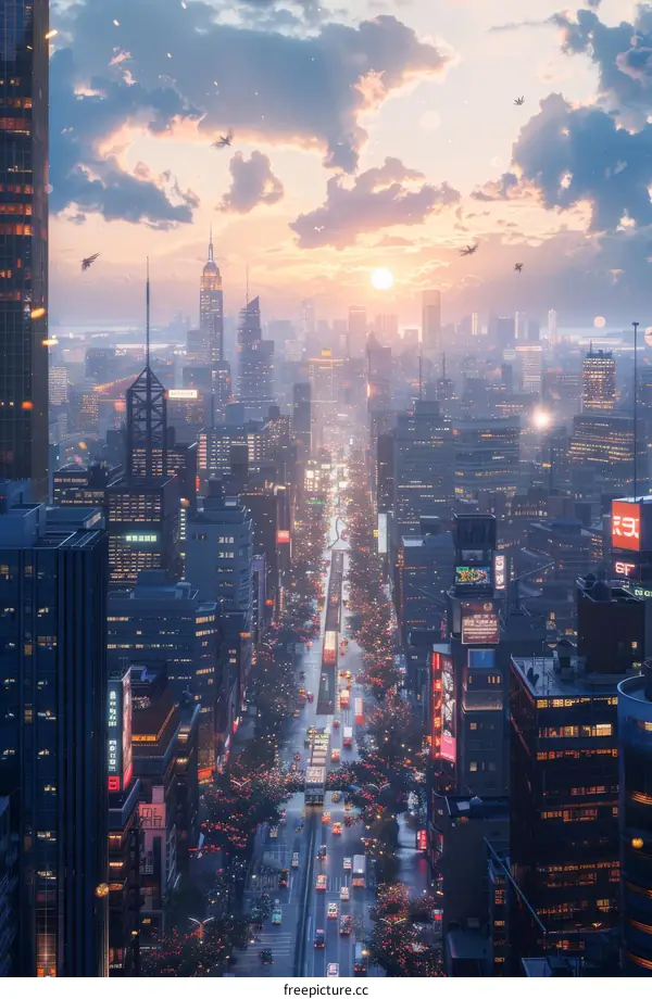 A Futuristic Metropolis Sunset Skyline