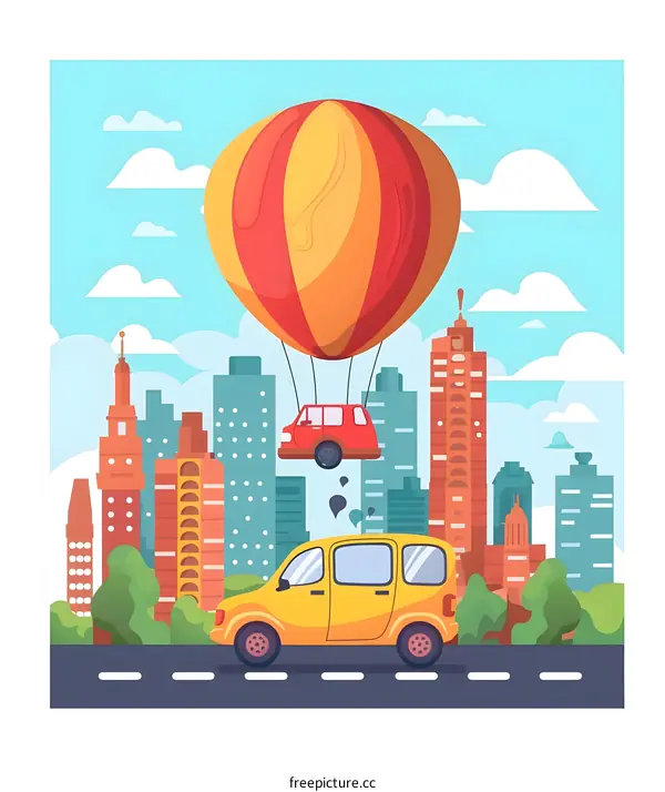 Cartoon Cityscape with Car and Hot Air Balloon