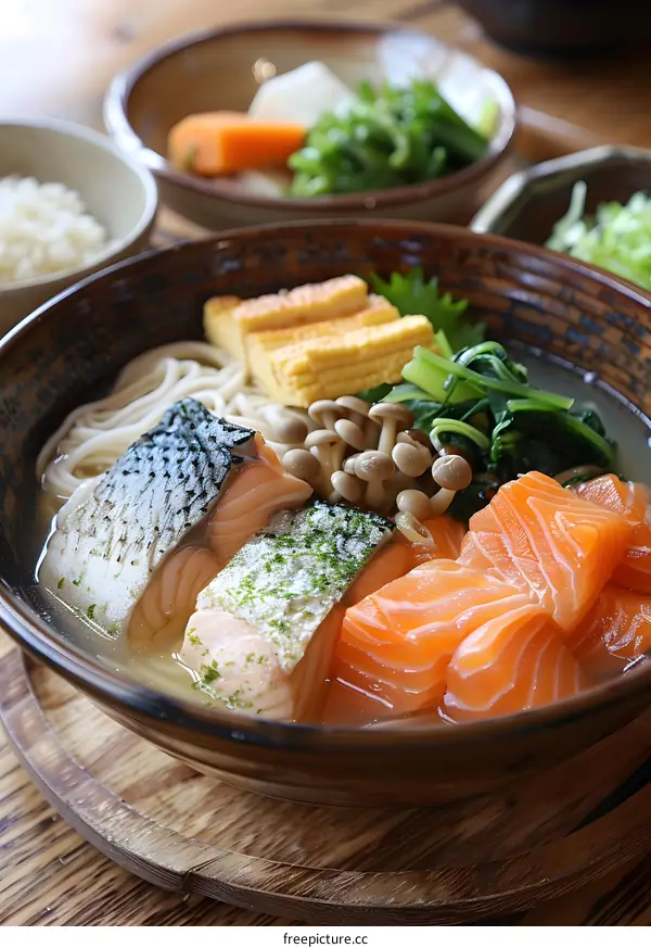 Delicious Japanese Salmon Noodle Soup with Vegetables and Mushrooms