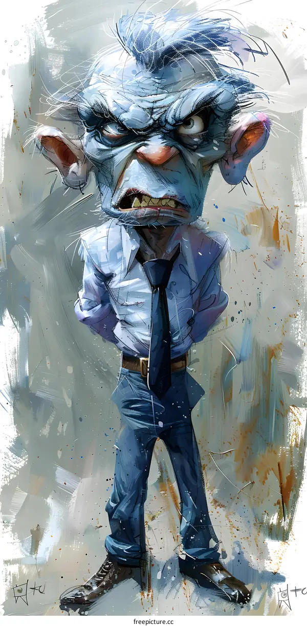 A painting of a blue creature with a tie