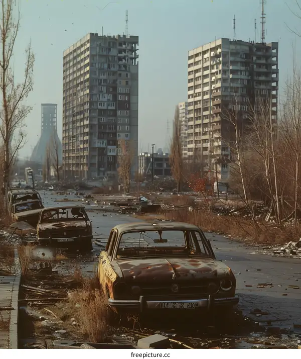 Post-apocalyptic city with ruined buildings and abandoned cars