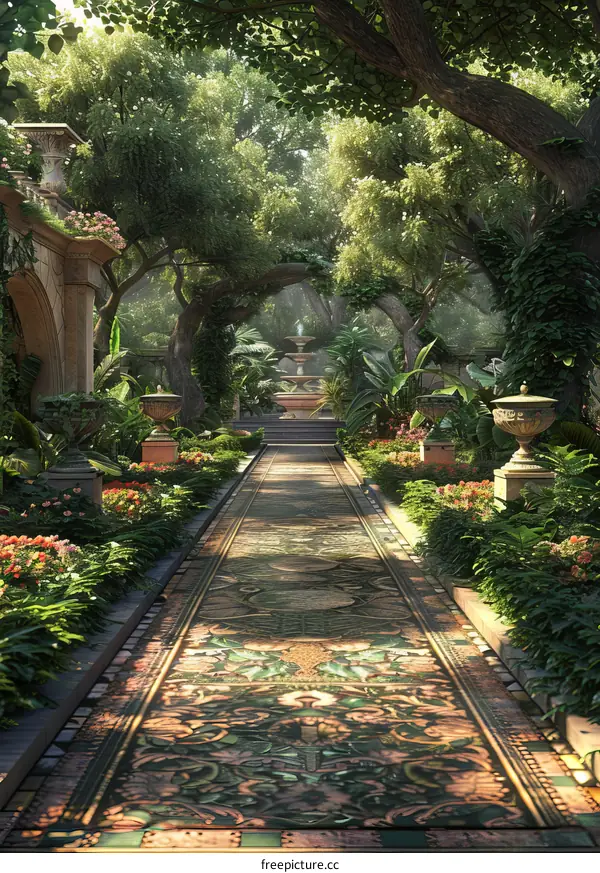 Enchanted Garden Path with Fountain