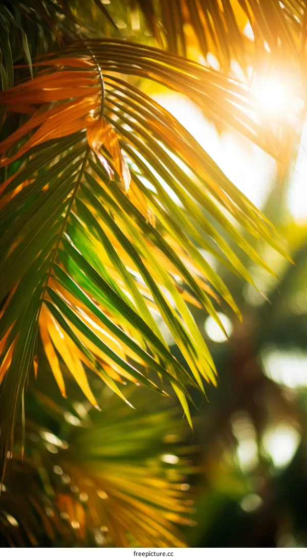 Tropical Palm Leaves Backlit by Golden Sunlight