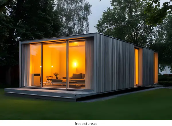 Modern Minimalist Tiny House with Large Windows and Warm Lighting