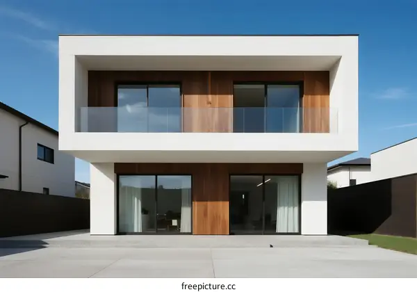 Modern Two Storey House with Large Glass Windows and Wooden Accents