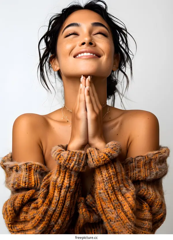 Young Woman with Freckles Praying with Hope