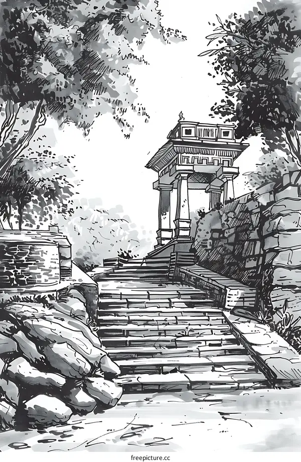 Black and White Illustration of a Chinese Style Pagoda with Steps