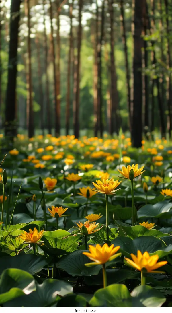 Yellow Water Lilies in a Forest Pond