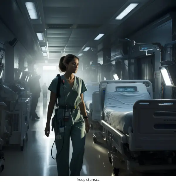 A female doctor walking down a hospital hallway