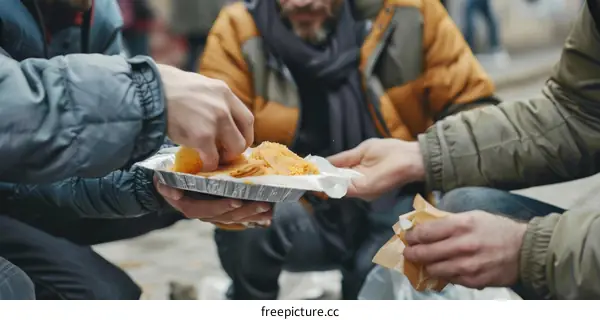 A group of people are eating food from a plate.