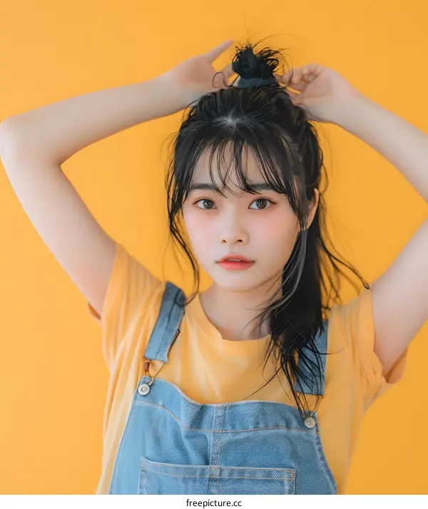 Asian Woman in Yellow T-shirt and Denim Overalls Against a Yellow Background