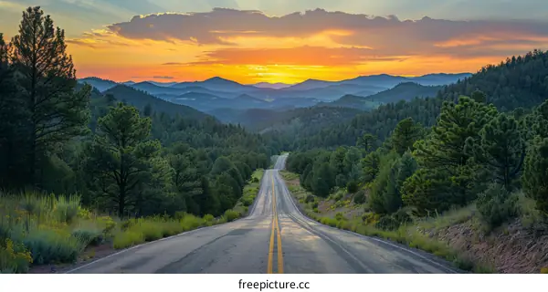 Winding Road Through Lush Forest with Mountain Sunset