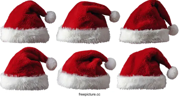 [Transparent Background PNG]Six Christmas Santa Hats Isolated on White Background