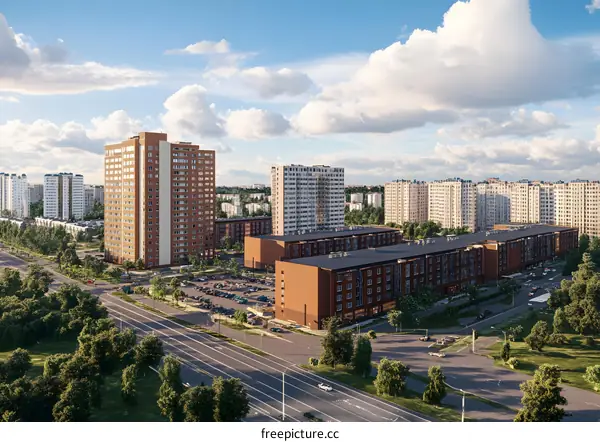 Aerial View of Modern Apartment Complex with Green Spaces