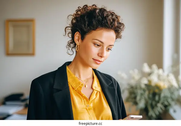 Young woman using mobile phone in an office setting