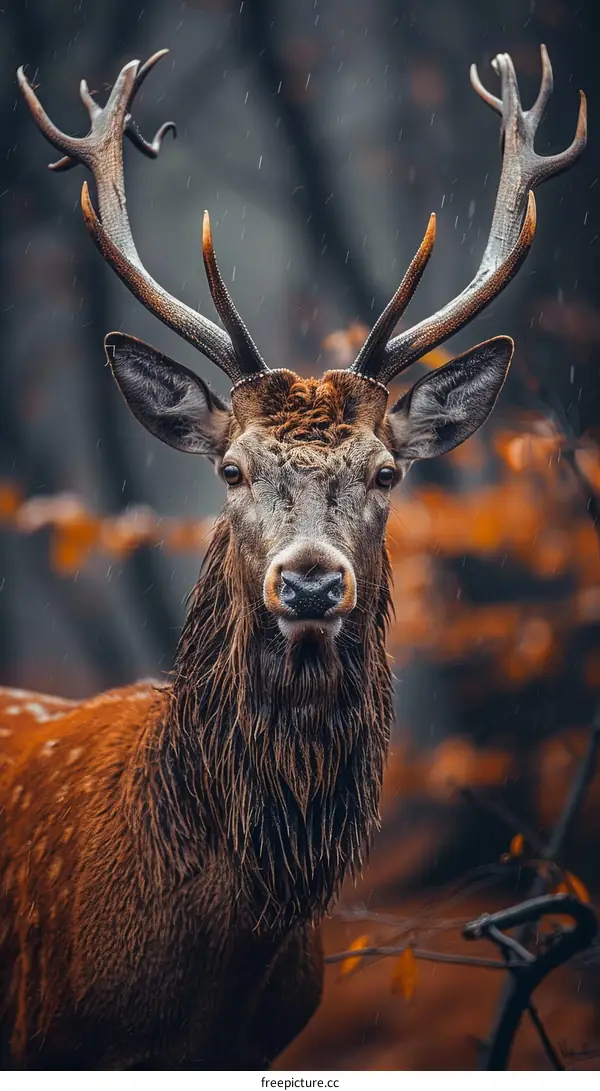 Close-up of a majestic red deer in the rain