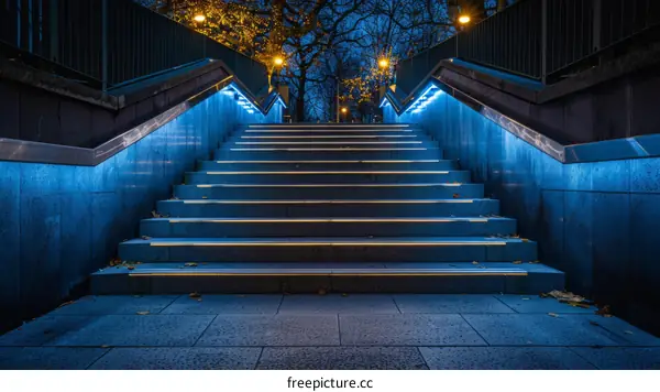 Blue illuminated stairs leading up from a city street at night