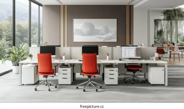 Modern Office Workspace with Red Chairs
