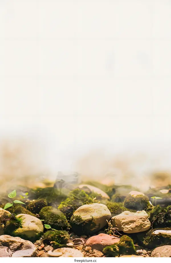 Stones and Moss in Foggy Forest