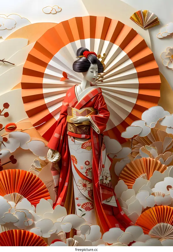 A Japanese woman in a red kimono standing in a field of white and orange paper fans.