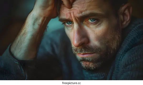 A portrait of a man with a beard and blue eyes looking at the camera with his hand on his head