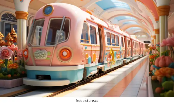 Pink and Blue Train at a Station