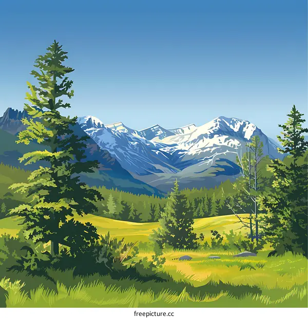 Mountain Landscape with Trees and Meadow