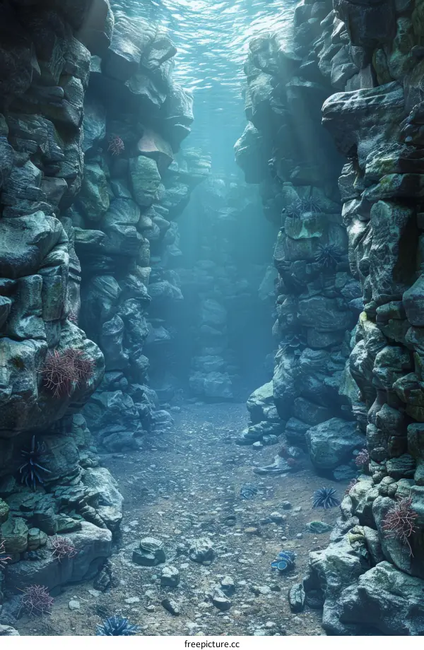 Underwater cave with rocks and coral