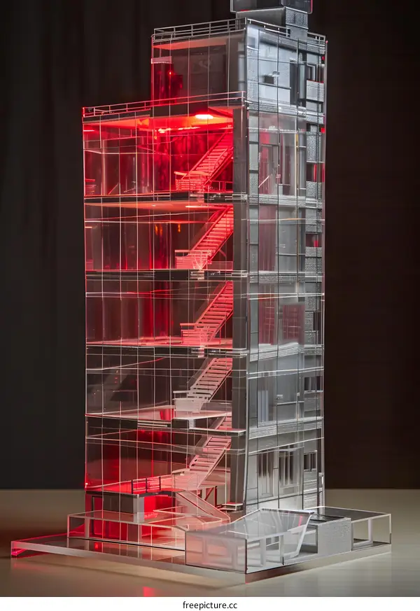 Glass Building Model With Red Lights