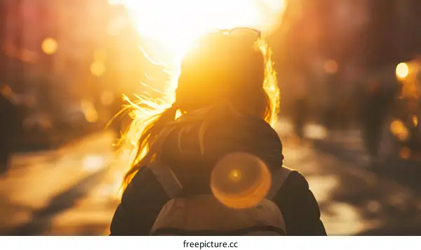 Woman Walking Towards Sunset with Backpack