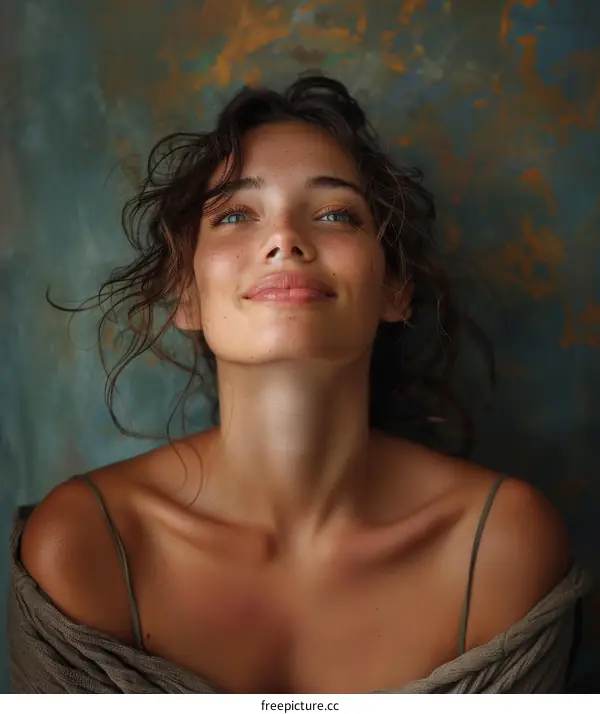 portrait of a young woman with freckles and blue eyes