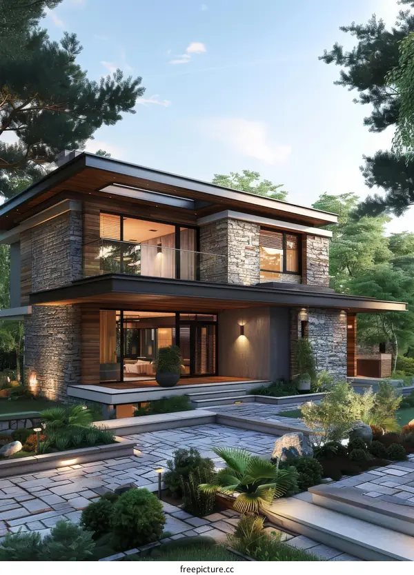 Modern House Exterior with Courtyard and Garden