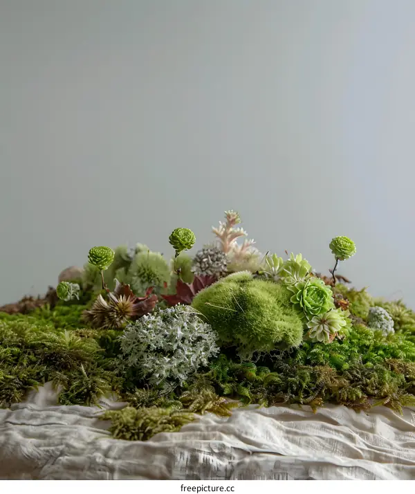 Green Moss and Succulent Arrangement on a Natural Linen Fabric