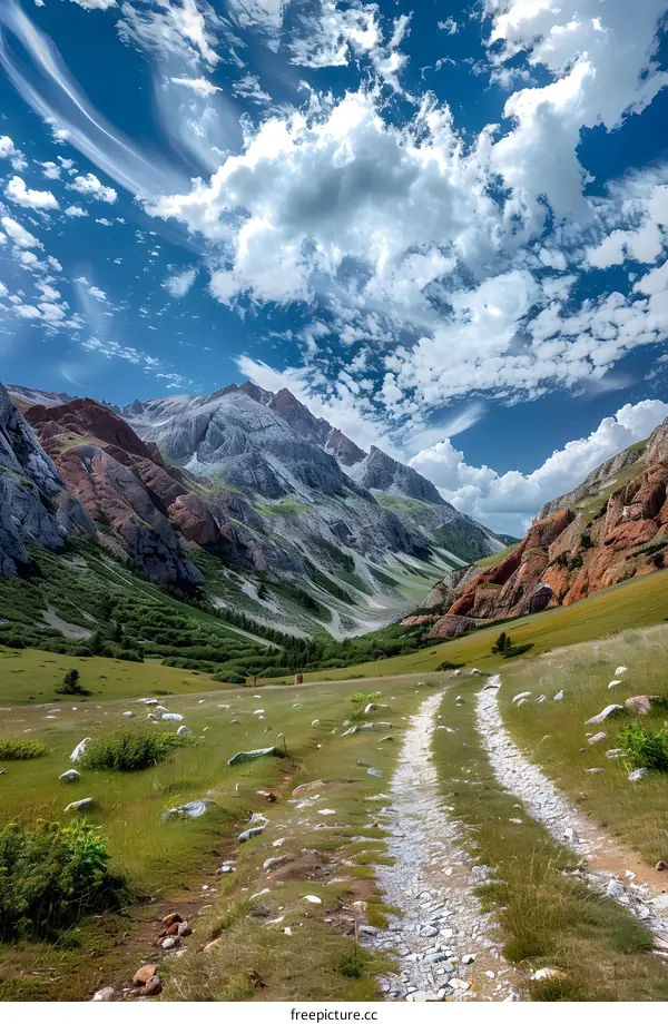 mountain valley with a road and blue sky
