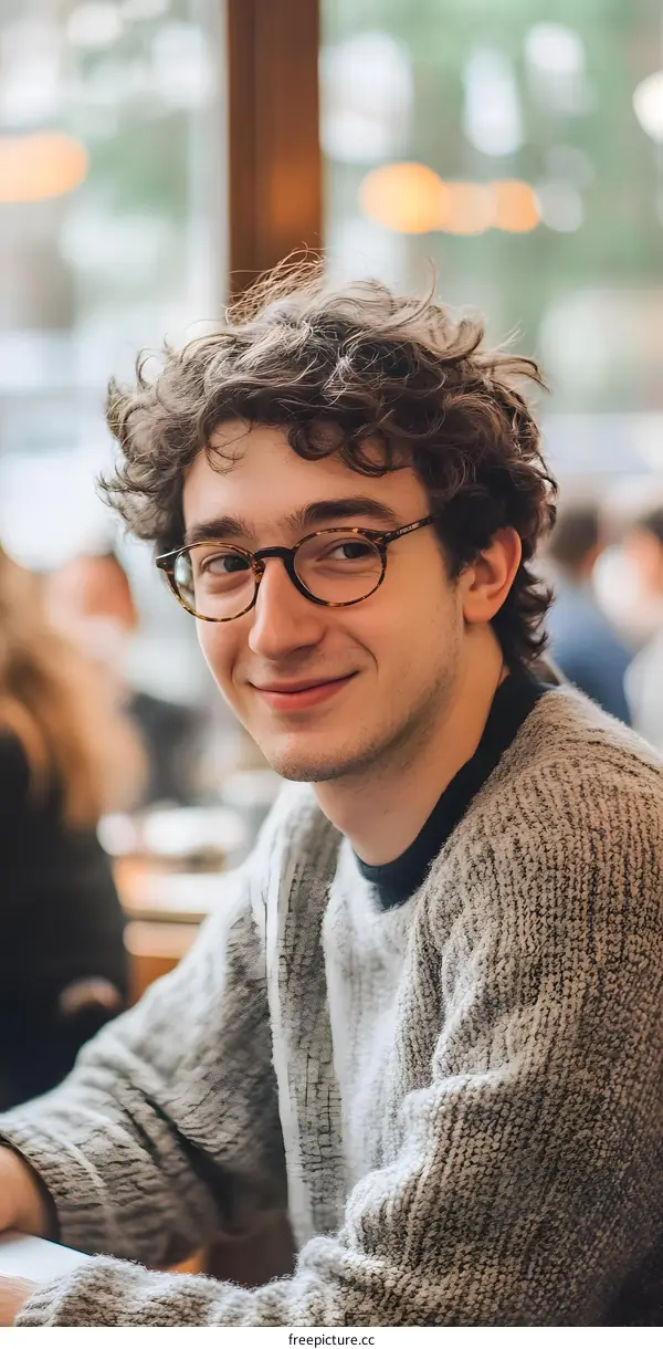 Portrait of a Young Man with Curly Hair Wearing Glasses and Smiling