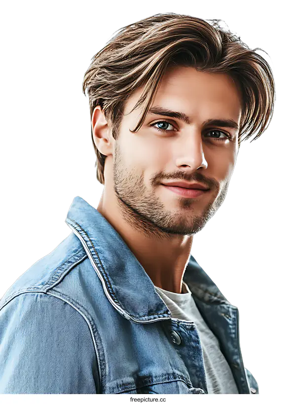 [Transparent Background PNG]Portrait of a Handsome Man with Long Brown Hair Wearing a Denim Jacket