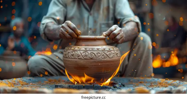 Indian potter making clay pots