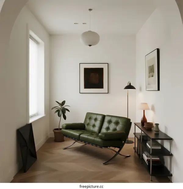Modern Minimalist Living Room with Green Leather Sofa and Potted Plant